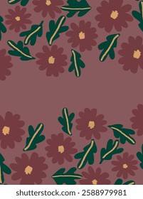 Purple flowers with leaves patterns on purple background for branding, fabric print, wallpaper, social media post, doodle, notes, book covers, wall decor.