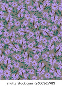 Purple flowers with leaves patterns on green background for branding, fabric print, wallpaper, social media post, doodle, notes, book covers, wall decor.