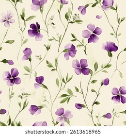 Purple flowers on a cream background, a small floral pattern. watercolor flower seamless pattern. Watercolor print in rustic vintage style, textile or wallpaper.  