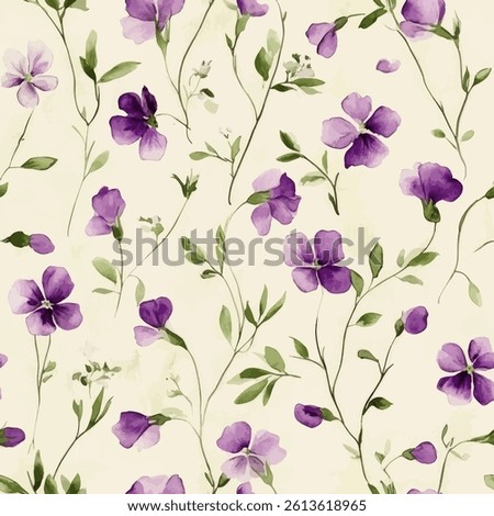Purple flowers on a cream background, a small floral pattern. watercolor flower seamless pattern. Watercolor print in rustic vintage style, textile or wallpaper.  