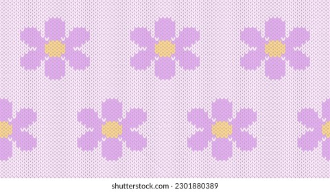 purple flowers on pink background knitting pattern, Festive Sweater Design. Seamless Knitted Pattern