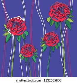 Purple flowers on the violet background with green leaves, vector illustration in hand drown design.