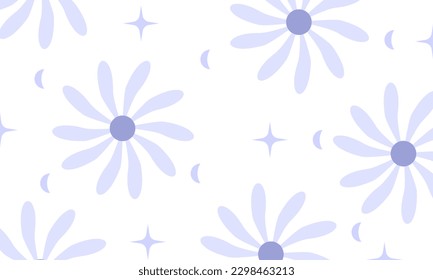 
Purple flowers on a white background, pastel tones, flowers, moon, stars