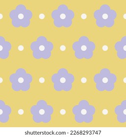 Purple flowers on yellow background. 70's style cute pattern. Vector illustration.
