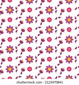 Purple flowers pattern, 70s retro style. Vector graphics. For use in packaging, brochures and covers, fabrics and prints, themed parties, birthdays and other designs.