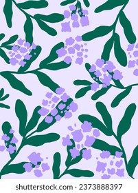 Purple flowers pattern and the leaves on purple background, aesthetic for wallpaper, wall decor, templates covers, art prints