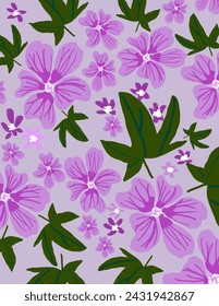 Purple flowers patterns with green leaves on purple background for branding, fabric print, wallpaper, social media post, doodle, notes, book covers, wall decor.