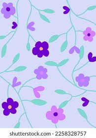 Purple flowers patterns with the leaves on purple background. illustrations, vector aesthetic for wallpaper, wall decor, templates covers, art prints