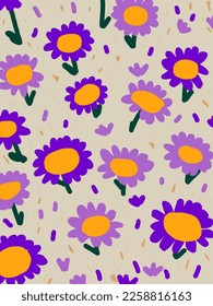 Flores púrpuras con hojas sobre fondo de luz verde. ilustraciones, estética vectorial para papel pintado, decoración de pared, cubiertas de plantillas, impresiones de arte