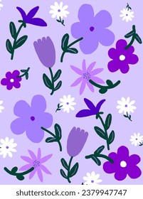 Purple flowers patterns on purple background for web banner, business presentation, branding package, fabric print, wallpaper, social media post, doodle, notes, book covers, wall decor.