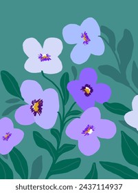 Lila Blumen Muster auf grünem Hintergrund für Branding, Stoffdruck, Tapete, Social Media Post, Doodle, Notizen, Buchumschläge, Wanddekor.