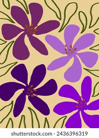 Purple flowers patterns on yellow background for branding, fabric print, wallpaper, social media post, doodle, notes, book covers, wall decor, template.