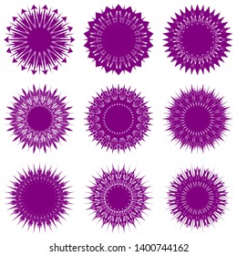 Purple Flowers / Pseudo-Snowflakes on white background. Sharp set of 9 items. 18 (eighteen) angles. - Vector