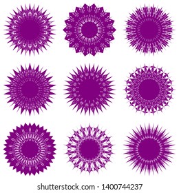 Purple Flowers / Pseudo-Snowflakes on white background. Sharp set of 9 items. 18 (eighteen) angles. - Vector