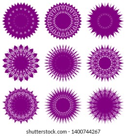 Purple Flowers / Pseudo-Snowflakes on white background. Sharp set of 9 items. 18 (eighteen) angles. - Vector
