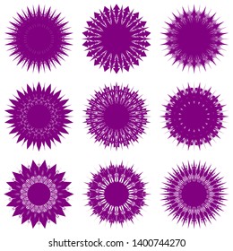 Purple Flowers / Pseudo-Snowflakes on white background. Sharp set of 9 items. 18 (eighteen) angles. - Vector