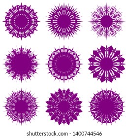Purple Flowers / Pseudo-Snowflakes on white background. Sharp set of 9 items. 12 (twelve) angles. - Vector