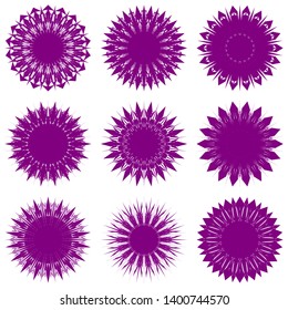 Purple Flowers / Pseudo-Snowflakes on white background. Sharp set of 9 items. 18 (eighteen) angles. - Vector