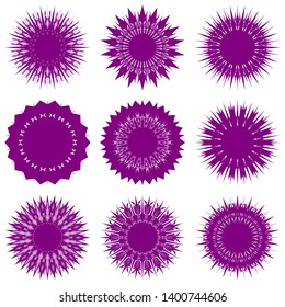 Purple Flowers / Pseudo-Snowflakes on white background. Sharp set of 9 items. 18 (eighteen) angles. - Vector