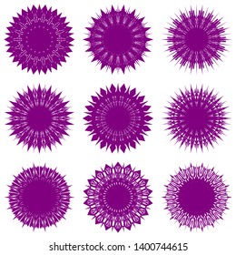 Purple Flowers / Pseudo-Snowflakes on white background. Sharp set of 9 items. 18 (eighteen) angles. - Vector