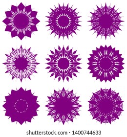 Purple Flowers / Pseudo-Snowflakes on white background. Sharp set of 9 items. 12 (twelve) angles. - Vector