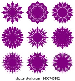 Purple Flowers / Pseudo-Snowflakes on white background. Sharp set of 9 items. 12 (twelve) angles. - Vector