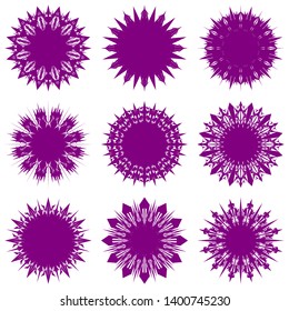 Purple Flowers / Pseudo-Snowflakes on white background. Sharp set of 9 items. 12 (twelve) angles. - Vector
