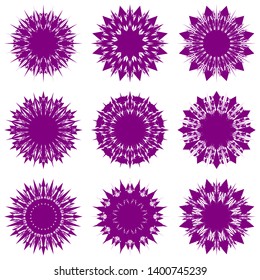 Purple Flowers / Pseudo-Snowflakes on white background. Sharp set of 9 items. 12 (twelve) angles. - Vector