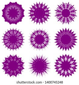 Purple Flowers / Pseudo-Snowflakes on white background. Sharp set of 9 items. 12 (twelve) angles. - Vector