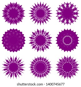 Purple Flowers / Pseudo-Snowflakes on white background. Sharp set of 9 items. 12 (twelve) angles. - Vector