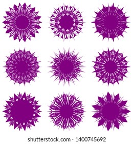 Purple Flowers / Pseudo-Snowflakes on white background. Sharp set of 9 items. 11 (eleven) angles. - Vector