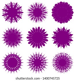 Purple Flowers / Pseudo-Snowflakes on white background. Sharp set of 9 items. 11 (eleven) angles. - Vector
