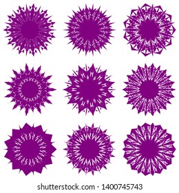 Purple Flowers / Pseudo-Snowflakes on white background. Sharp set of 9 items. 11 (eleven) angles. - Vector