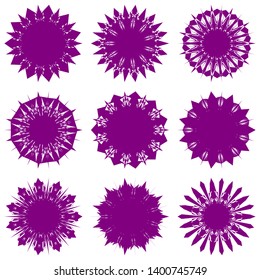 Purple Flowers / Pseudo-Snowflakes on white background. Sharp set of 9 items. 11 (eleven) angles. - Vector