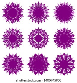 Purple Flowers / Pseudo-Snowflakes on white background. Sharp set of 9 items. 10 (ten) angles. - Vector