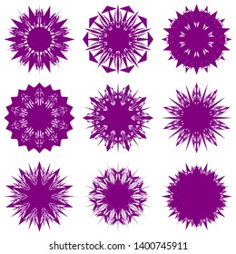 Purple Flowers / Pseudo-Snowflakes on white background. Sharp set of 9 items. 10 (ten) angles. - Vector