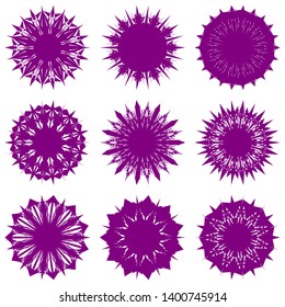 Purple Flowers / Pseudo-Snowflakes on white background. Sharp set of 9 items. 11 (eleven) angles. - Vector