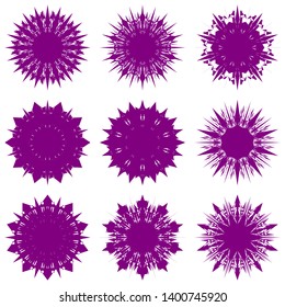 Purple Flowers / Pseudo-Snowflakes on white background. Sharp set of 9 items. 10 (ten) angles. - Vector