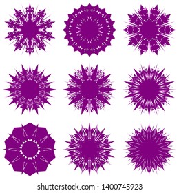 Purple Flowers / Pseudo-Snowflakes on white background. Sharp set of 9 items. 10 (ten) angles. - Vector