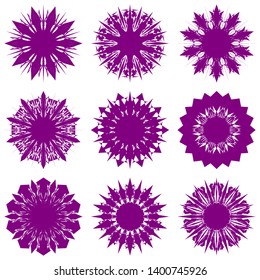 Purple Flowers / Pseudo-Snowflakes on white background. Sharp set of 9 items. 10 (ten) angles. - Vector