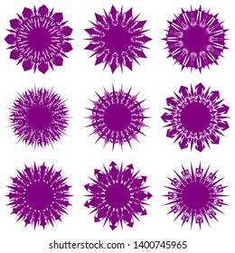 Purple Flowers / Pseudo-Snowflakes on white background. Sharp set of 9 items. 11 (eleven) angles. - Vector