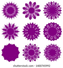 Purple Flowers / Pseudo-Snowflakes on white background. Sharp set of 9 items. 11 (eleven) angles. - Vector