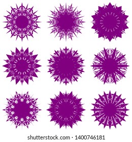 Purple Flowers / Pseudo-Snowflakes on white background. Sharp set of 9 items. 10 (ten) angles. - Vector