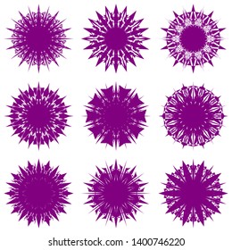 Purple Flowers / Pseudo-Snowflakes on white background. Sharp set of 9 items. 10 (ten) angles. - Vector