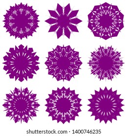 Purple Flowers / Pseudo-Snowflakes on white background. Sharp set of 9 items. 10 (ten) angles. - Vector