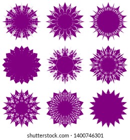 Purple Flowers / Pseudo-Snowflakes on white background. Sharp set of 9 items. 10 (ten) angles. - Vector