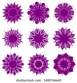 Purple Flowers / Pseudo-Snowflakes on white background. Sharp set of 9 items. 9 (nine) angles. - Vector