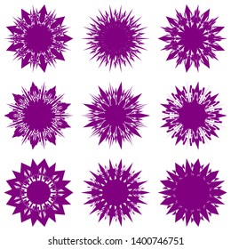 Purple Flowers / Pseudo-Snowflakes on white background. Sharp set of 9 items. 9 (nine) angles. - Vector