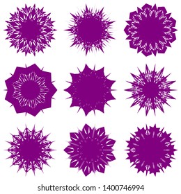 Purple Flowers / Pseudo-Snowflakes on white background. Sharp set of 9 items. 9 (nine) angles. - Vector