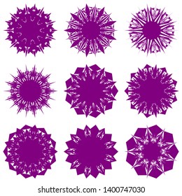 Purple Flowers / Pseudo-Snowflakes on white background. Sharp set of 9 items. 9 (nine) angles. - Vector